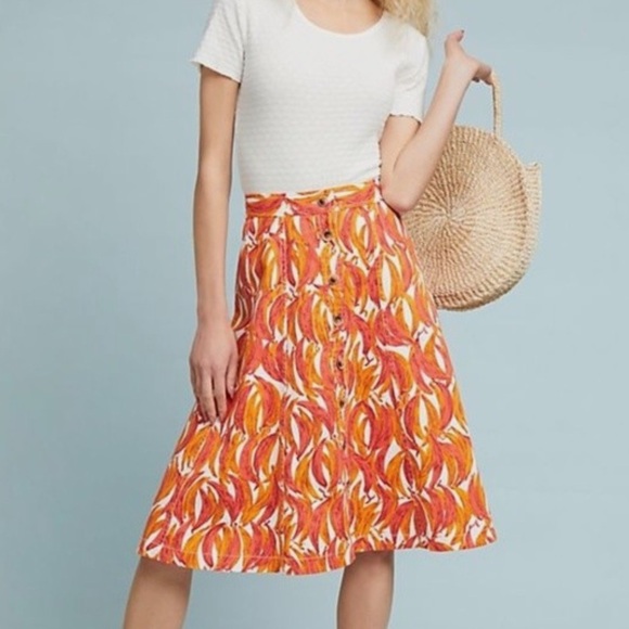 Maeve Dresses & Skirts - Anthropologie Maeve Banana Grove Denim Midi Skirt Sz 2 Orange & White Tropical